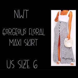 Gorgeous Black & White Floral Maxi Skirt w/ Smocked Waist NWT